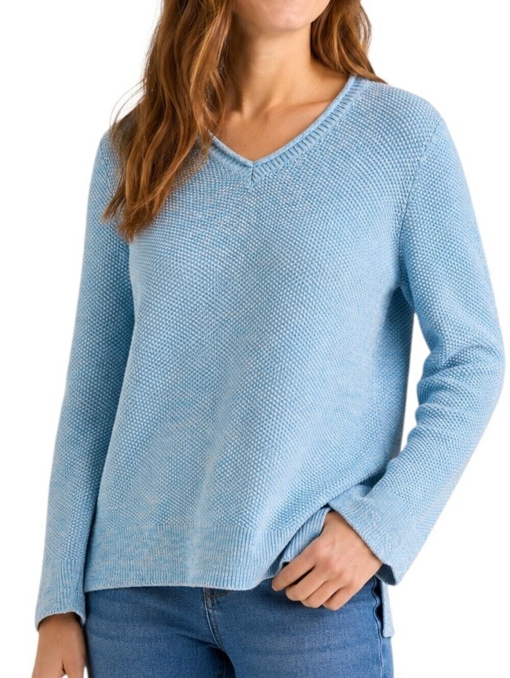 Croft & Barrow Sweater Women Large Blue Cotton V Roll Neck Preppy